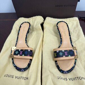 Louis Vuitton Black Monogram Multicolore Slide Kitten Heels